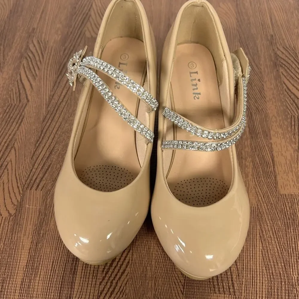 Link Girls Size 3 Nude Patent Mary Jane Heels Rhinestone Strap Dress Shoes